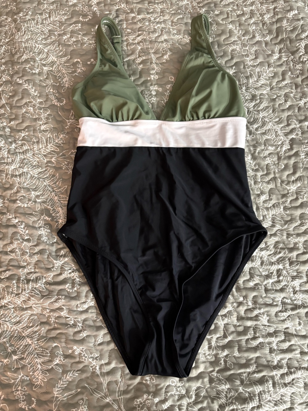 Cupshe Olive Green, White & Black One-Piece Swimsuit